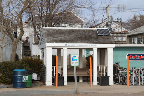 Bus stop on the foot of the MacMillan Pier facing Provincetown Harbor