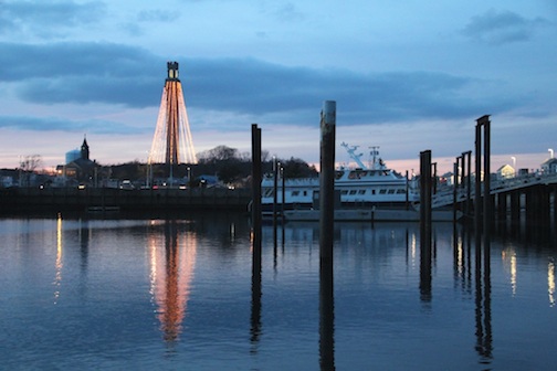 Provincetown Harbor with Monument decorated for Holidays