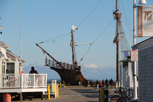 A reconstruction of the Santa Maria, the flagship from Christopher Columbus's voyage to North America, at MacMillan Pier in Provincetown Harbor, October 4-7, 2019.